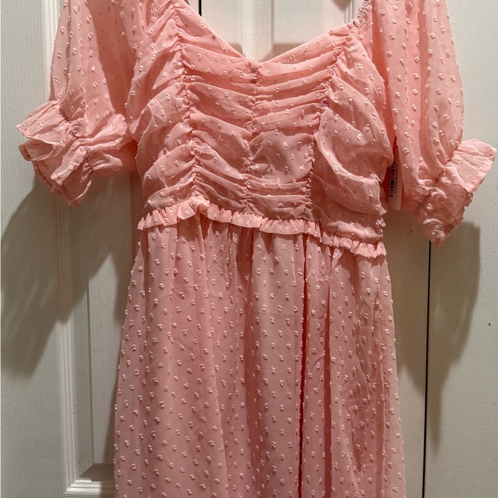 Pink Ruched Dress with Puff Sleeves